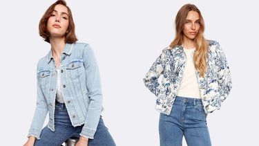 Two women modelling a light wash frayed denim jacket and a blue floral print jacket from Charlie B Collection.