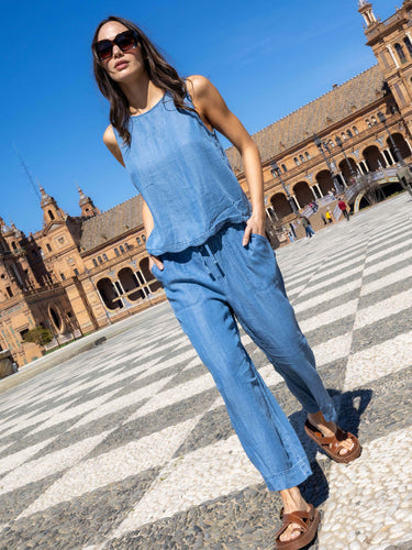 Haut sans manches en tencel à bordures festonnées - Bleu Moyen