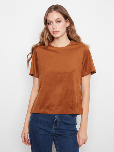 Toffee faux suede top featuring a straight fit, complete with short sleeves and crew neckline by Charlie B.