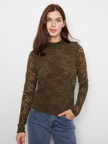 Dark olive lace top with a mock neck, long sleeves, and slim fit silhouette. The flocked lace adds elegance by Charlie B.
