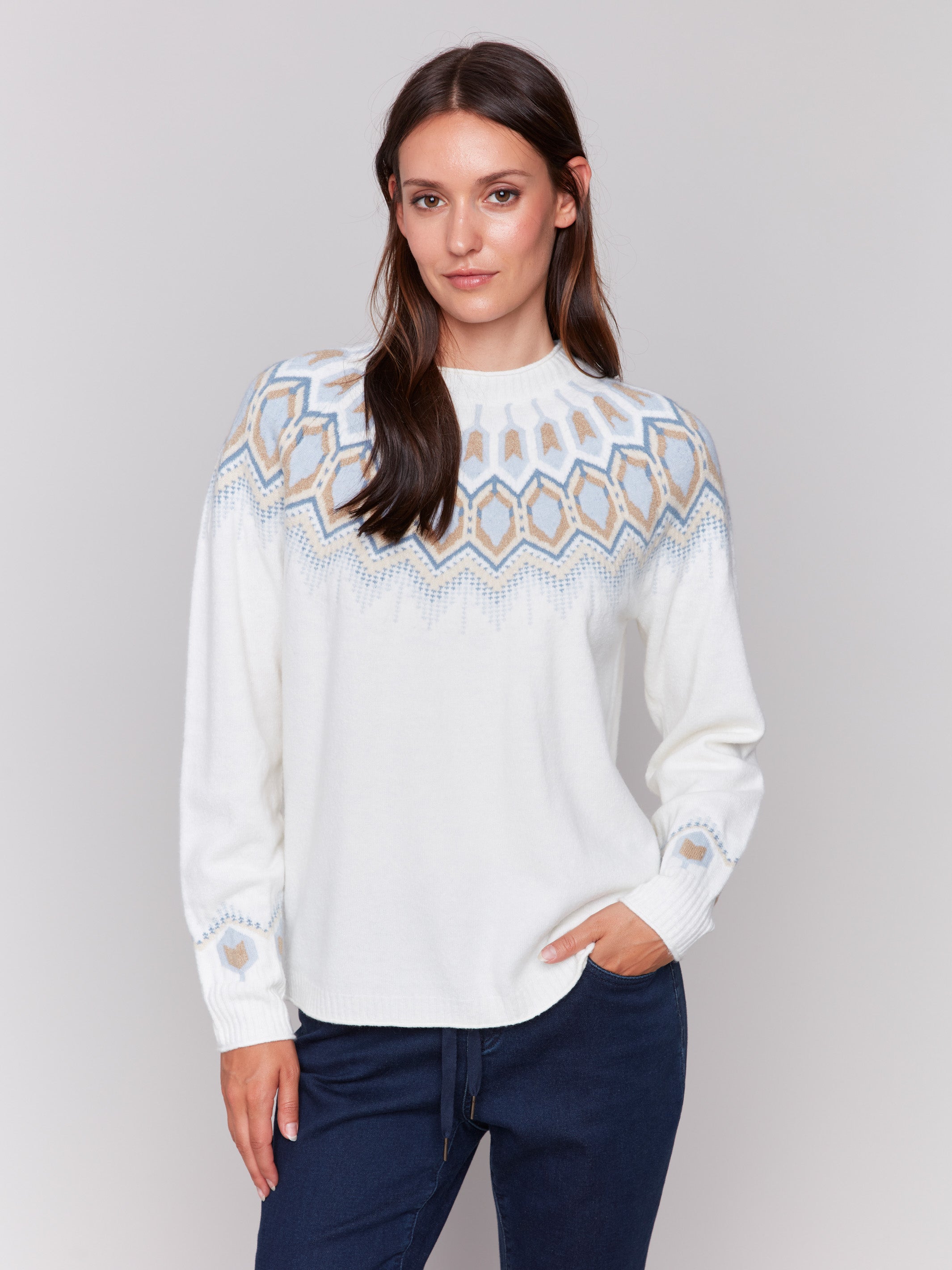 Plushy Jacquard Ski Sweater With Reglan Sleeve by Charlie B Cream XL