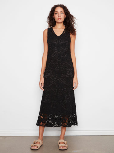 Elegant black crochet maxi dress featuring a breathable 100% cotton fabric, perfect for summer outings by Charlie B.