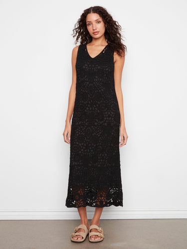 Black cotton maxi dress with intricate crochet design and comfortable lining, ideal for warm weather by Charlie B.