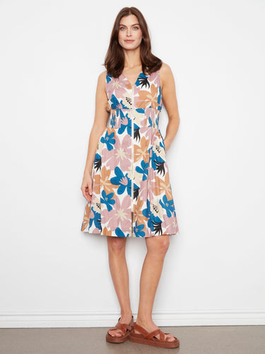 Floral dress with V-neckline, featuring a stylish front-zip closure and knee-length design by Charlie B.