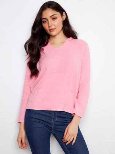 Pink bubble cotton hoodie with 100% cotton fabric, featuring a cozy hood by Charlie B.