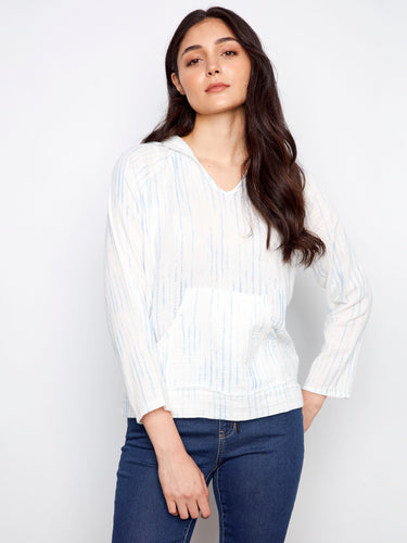 Casual white and blue striped top with a cozy hooded design, perfect for everyday wear. Made from soft 100% cotton by Charlie B.