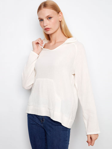 Soft white hoodie with a cozy kangaroo pocket, perfect for casual outings. Made from 100% cotton for ultimate comfort by Charlie B.