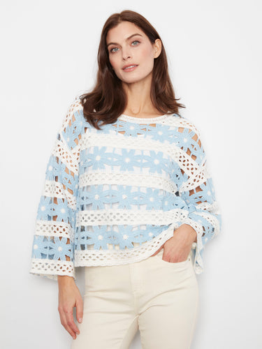 Crochet top in light blue and white with a delicate boat neckline, perfect for casual outings. Made from a cotton blend by Charlie B.