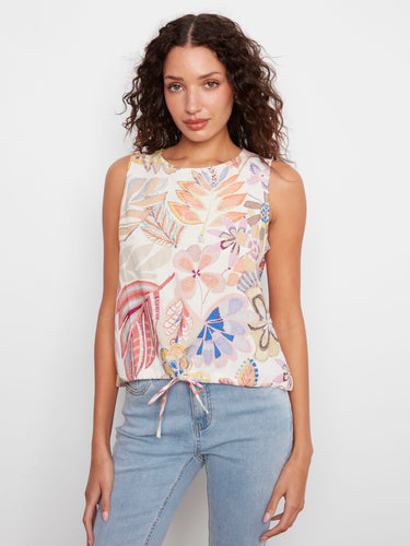 Floral sleeveless top with a crew neckline and vibrant Maui print, perfect for summer outings by Charlie B.