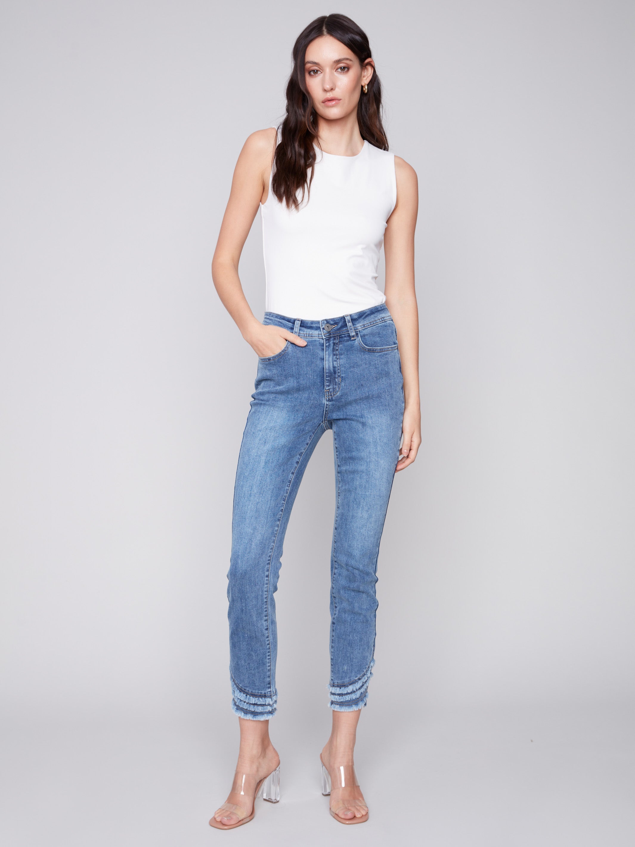 Frayed Hem Denim Pant for Women, Medium Blue