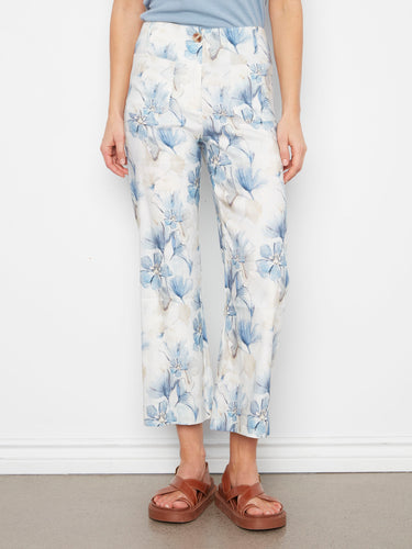 These cropped length floral pants offer a chic and modern touch to any outfit. A delightful creation by Charlie B.