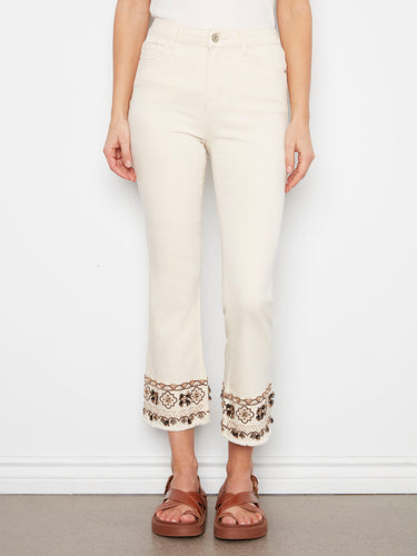 Natural cropped twill pants with five-pocket design and stylish embroidered hem by Charlie B.