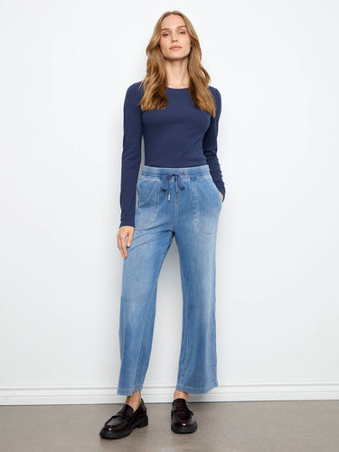 Knit denim jogger pants with a regular rise and elastic waistband, featuring wide legs for a relaxed fit by Charlie B.