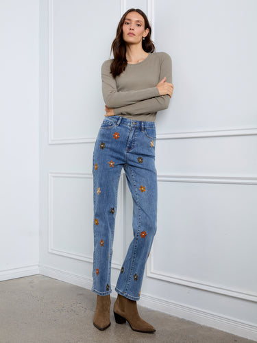 Jean droit Ă broderie florale - Bleu Moyen