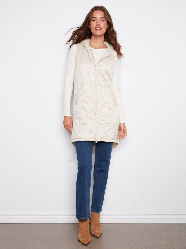 Champagne long hooded vest with a pearlized finish and welt pockets by Charlie B.