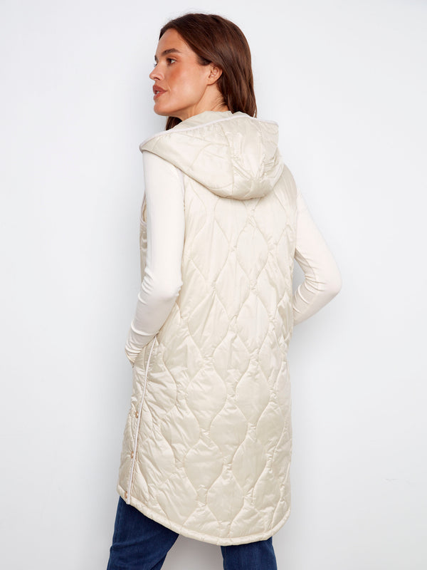 Champagne long hooded vest with a pearlized finish and welt pockets by Charlie B.