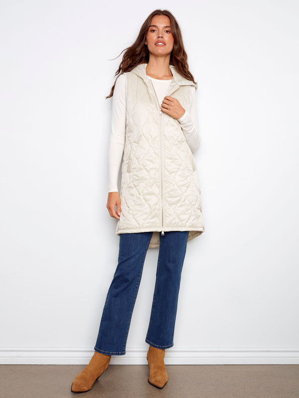 Champagne long hooded vest with a pearlized finish and welt pockets by Charlie B.