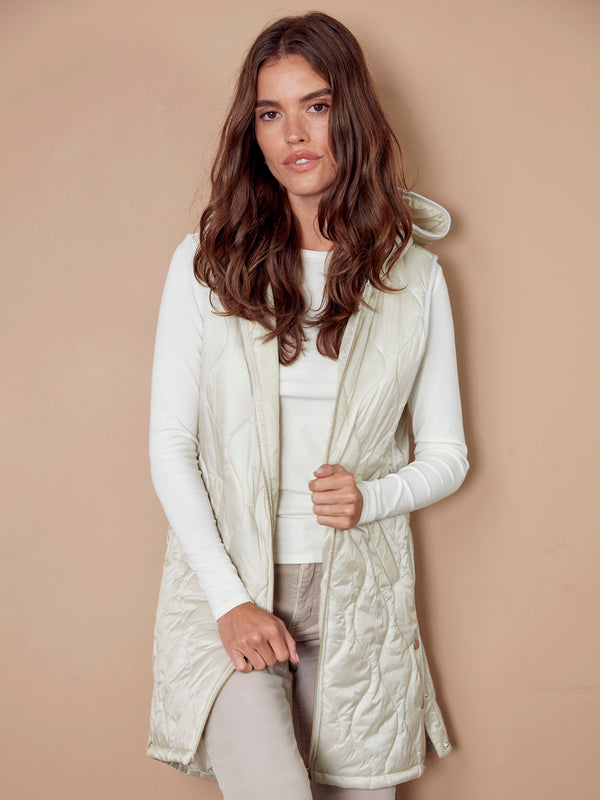 Champagne long hooded vest with a pearlized finish and welt pockets by Charlie B.