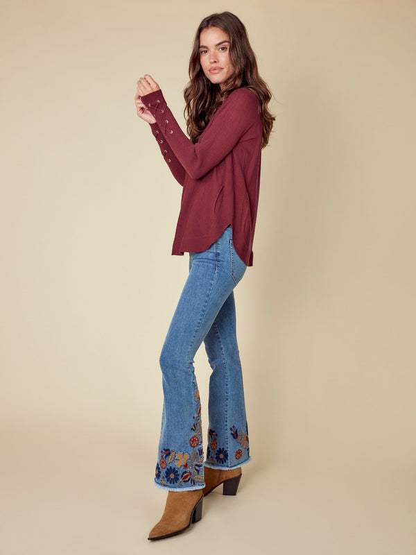 Knit Sweater With Lace-Up Cuffs - Cabernet