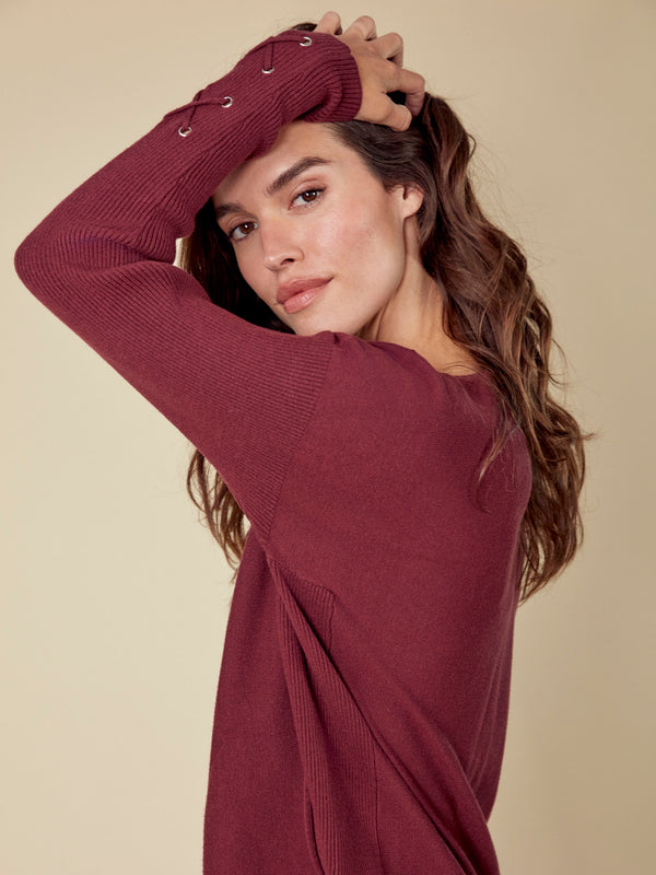 Knit Sweater With Lace-Up Cuffs - Cabernet