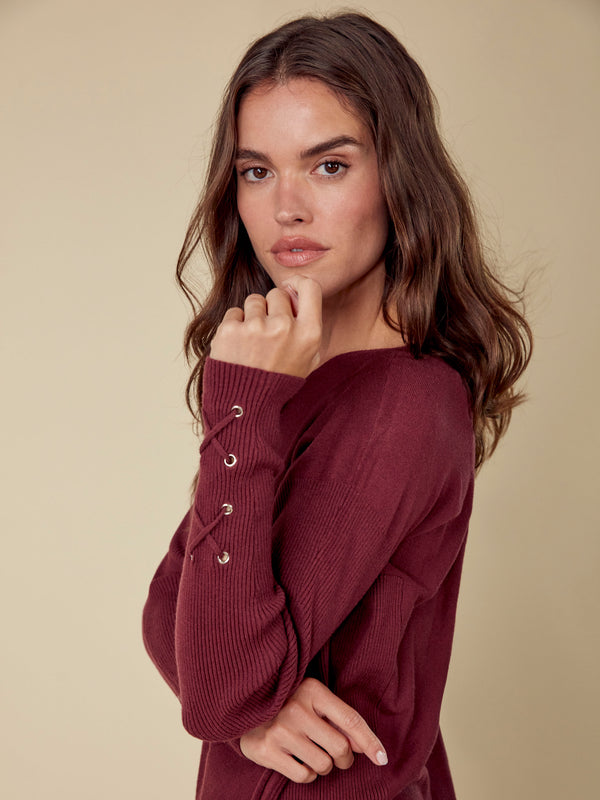 Knit Sweater With Lace-Up Cuffs - Cabernet