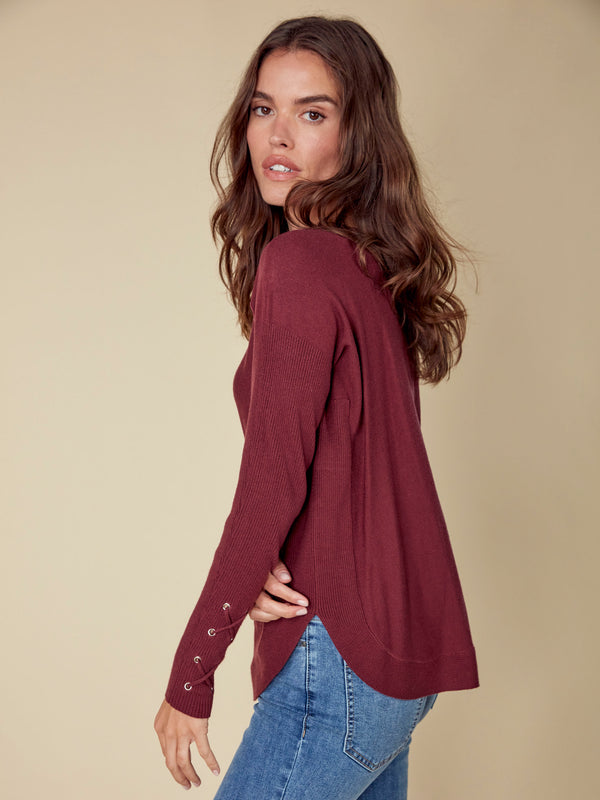 Knit Sweater With Lace-Up Cuffs - Cabernet