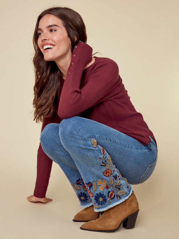 Knit Sweater With Lace-Up Cuffs - Cabernet