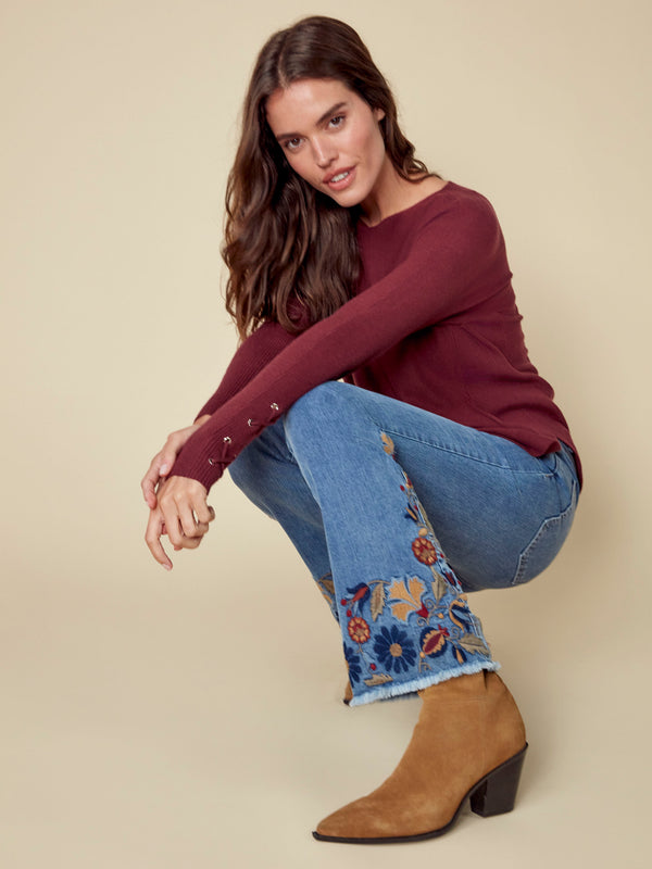 Knit Sweater With Lace-Up Cuffs - Cabernet