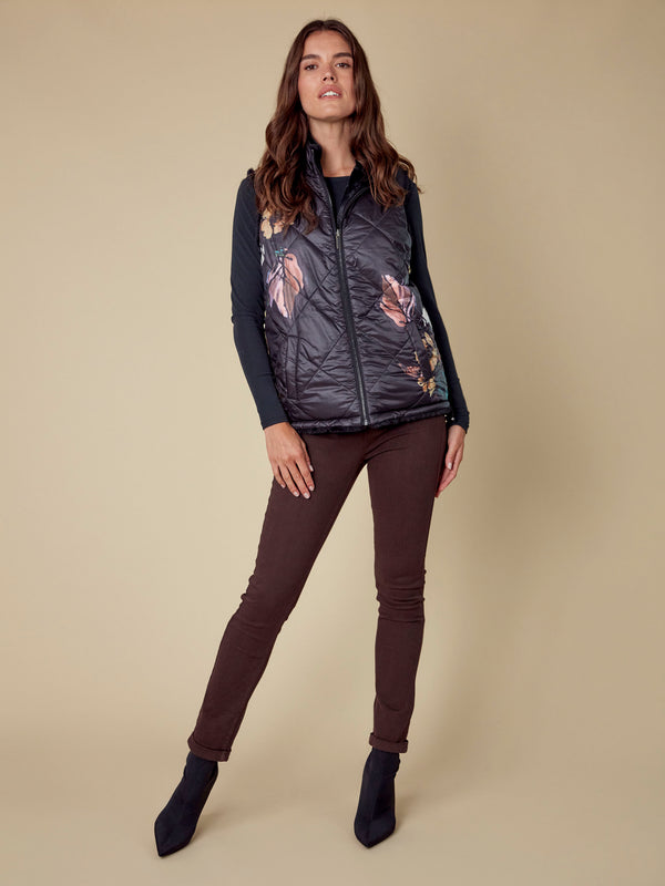 Printed Reversible Quilted Faux Fur Vest - Black