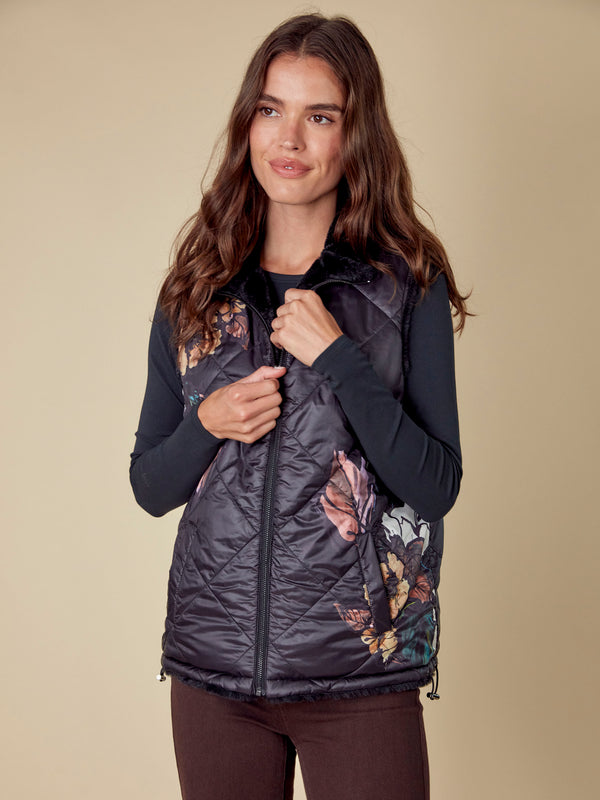 Printed Reversible Quilted Faux Fur Vest - Black