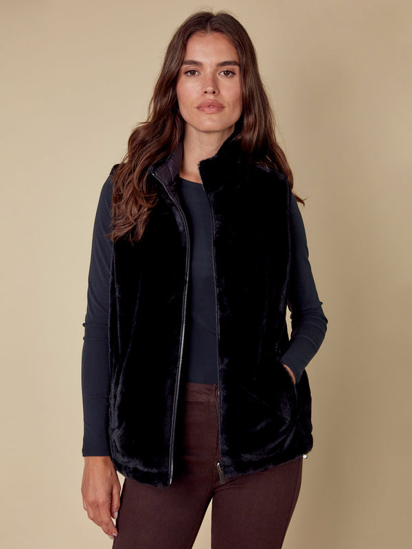 Printed Reversible Quilted Faux Fur Vest - Black