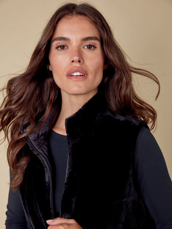 Printed Reversible Quilted Faux Fur Vest - Black