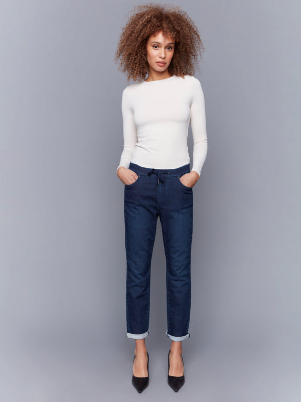 Knit Denim Jogger Pants - Blue Black