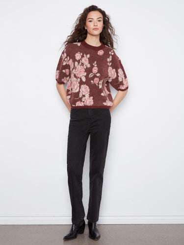 Elegant floral sweater with a mock neck and relaxed fit, perfect for stylish comfort by Charlie B.