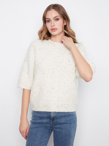 Relaxed fit sweater in speckled knit with elbow-length balloon sleeves, perfect for casual outings by Charlie B.