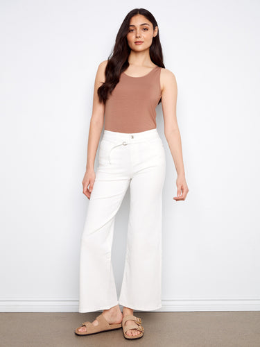 White twill pants with a wide-leg silhouette and long length, offering a stylish look by Charlie B.