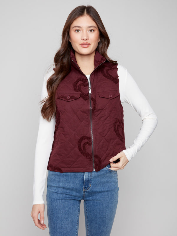 Cabernet quilted vest featuring boucle heart details and welt pockets, perfect for a stylish look by Charlie B.