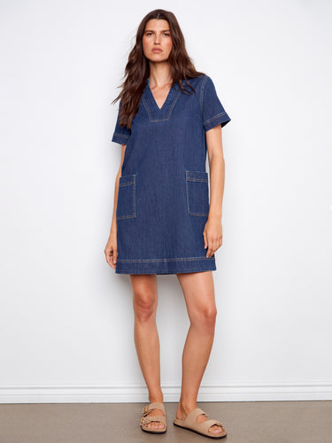 Dress with a collared V-neck design, featuring a relaxed fit and knee-length cut for casual elegance by Charlie B.