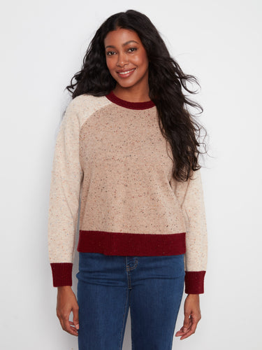 Knit sweater in earthy tones with a speckled knit pattern, featuring long raglan sleeves and contrast trim by Charlie B.