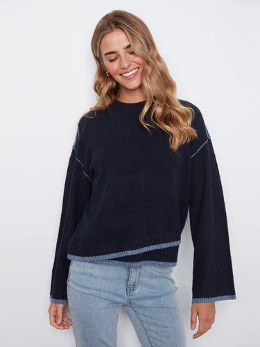 Navy sweater with a classic crew neckline, featuring stylish drop shoulders for a relaxed fit. Perfect for casual outings by Charlie B.