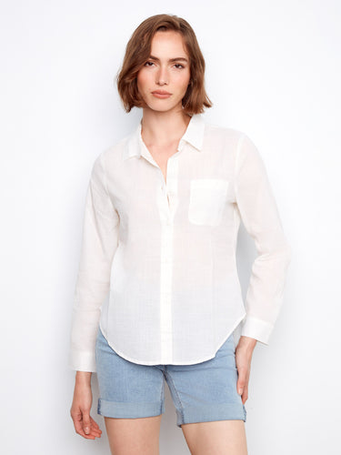 White shirt with a classic button-front closure and a single chest pocket, offering a versatile style for any occasion by Charlie B.