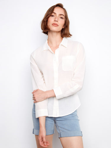 Long-sleeve white shirt made from breathable 100% cotton, featuring adjustable roll-up sleeves for added comfort by Charlie B.
