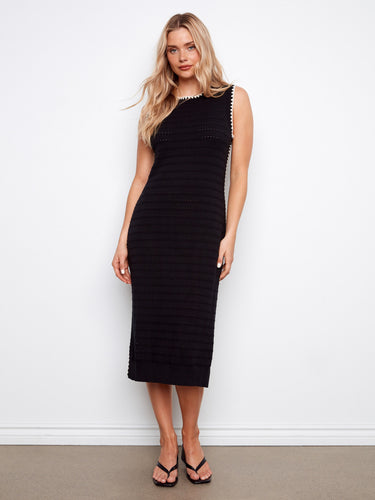 Black dress with a classic crew neck and elegant design, crafted from 100% cotton for comfort and style by Charlie B.