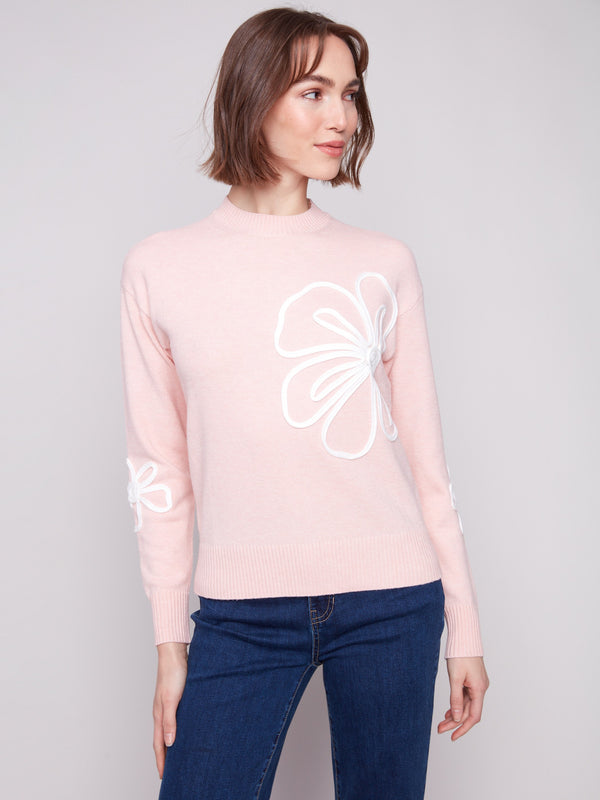 Stylish Heather Ballet sweater adorned with delicate soutache flower patches on the sleeves by Charlie B.