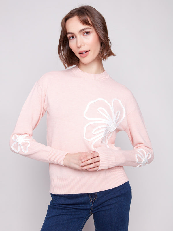 Crew Neck Floral Soutache Sweater - Heather Ballet