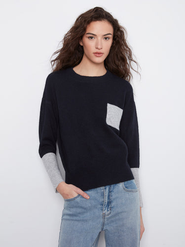Navy sweater with relaxed fit, featuring contrast details and a stylish patch pocket by Charlie B.