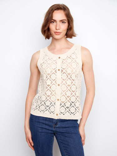 Natural crochet cotton vest featuring a crew neckline, ideal for adding texture to any outfit by Charlie B.