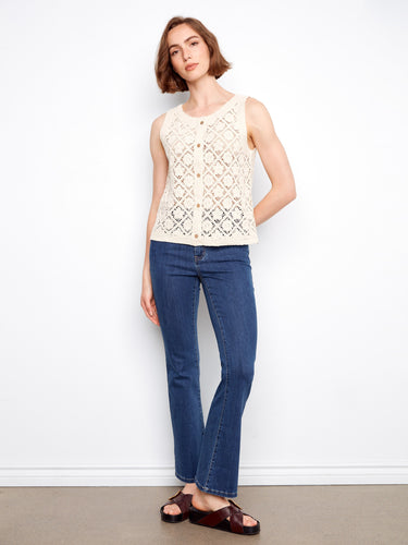 Sleeveless crochet vest in natural cotton with elegant button-up front adds a stylish touch by Charlie B.