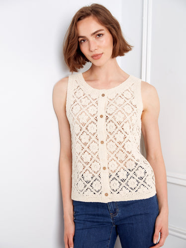 Chic natural cotton vest with intricate crochet design, perfect for casual or dressy looks by Charlie B.