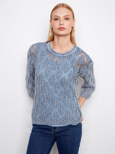 Blue haze crochet sweater featuring a cold dyed finish and abstract pattern, crafted from 100% cotton by Charlie B.